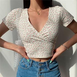 Top Cropped Y2K Women shirt Crop Floral Vintage Size Plus