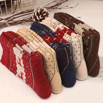 5 Pairs Elk Print Thickened Socks, Comfy & Warm Christmas Mi