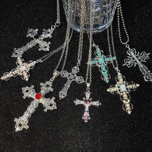 Gothic Big Zircon Cross Necklace Unisex Y2K Irregular Goth L
