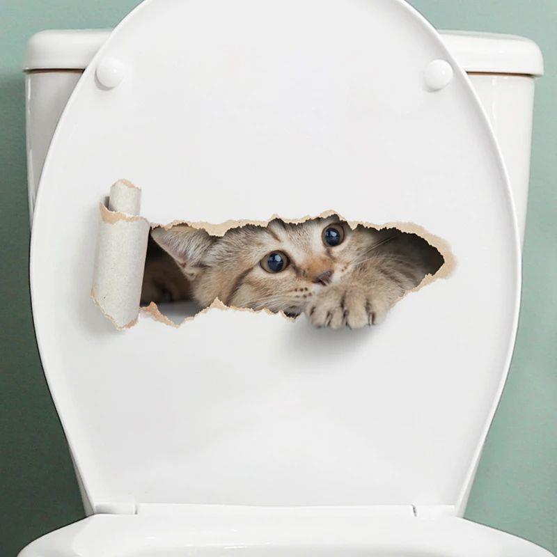 Torn Peeping Kitten Toilet Sticker 3D Effect Bathroom Toilet