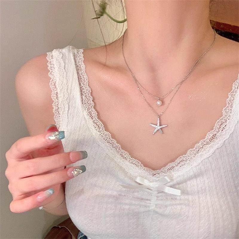 Starfish Pearl Necklace for Women双层海星珍珠项炼 炼 女锁骨