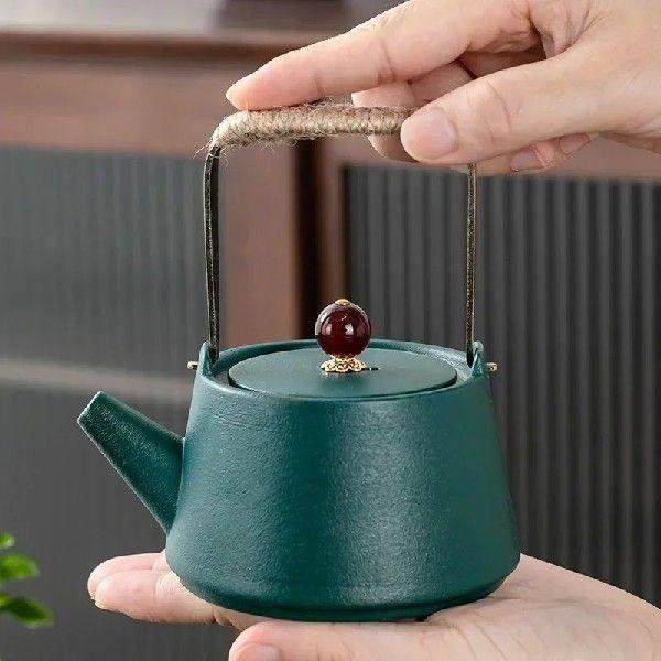 Black Pottery Lifting Beam Teapot Simple Agate Tea Set