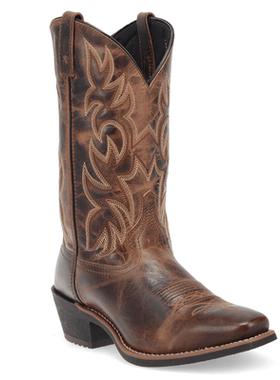 美国代购Laredo男靴秋季秋款棕色牛仔靴复古刺绣尖头粗跟中筒靴