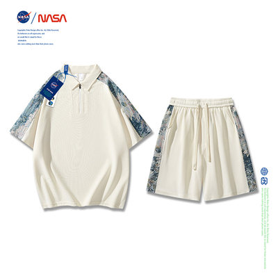 NASA休闲运动套装男夏季POLO衫t恤五分裤潮男穿搭一整套短袖短裤