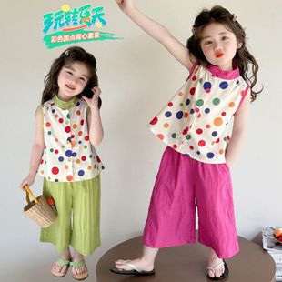 甜美直筒裤 2025夏季 上衣韩版 新款 潮 女童吊带背心透气女宝镂空夏装