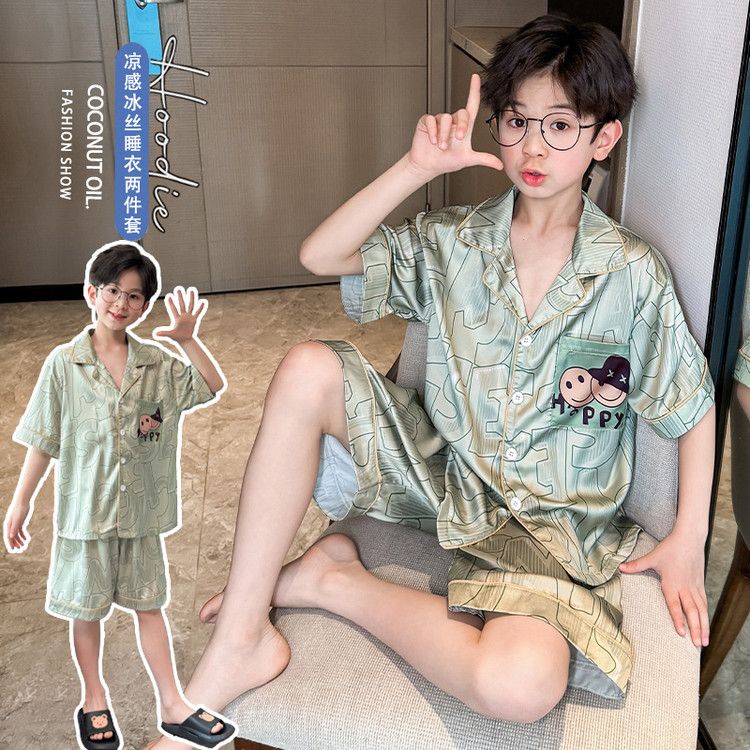 新款冰丝夏季男童家居服套装25年男孩睡衣可外穿