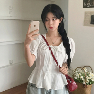 T恤少女百搭收腰显瘦A摆泡泡袖 AOMR甜美纯色肌理系带排扣衬衫 上衣