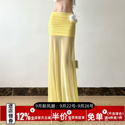 超仙度假风淡黄色网纱开叉长裙女