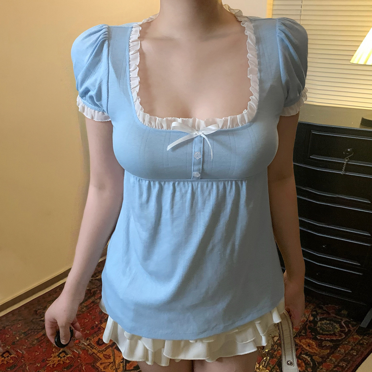 AOMR 甜美风花边蝴蝶结方领休闲A摆娃娃衫修身温柔少女感短袖上衣,女装/女士精品,T恤,淘宝优惠券,粉丝福利购,淘宝优惠卷