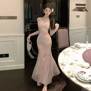 AOMR海边度假风碎花网纱鱼尾长裙女纯欲气质蕾丝拼接吊带连衣裙夏