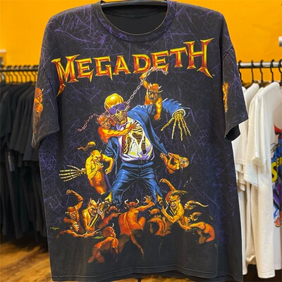1991 Megadeth 麦加帝斯乐队专辑无命醒来主题大印花重磅短袖T恤