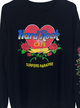 Hard rock caffee大印花Vintage水洗做旧大码美式复古重磅长袖T恤