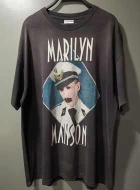 水洗黑破洞玛丽莲曼森Marilyn Manson美式复古重磅短袖VintageT恤