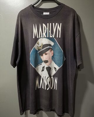 水洗黑破洞玛丽莲曼森Marilyn Manson美式复古重磅短袖VintageT恤