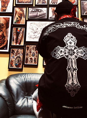 西海岸匪帮花体十字架烫银310克纯棉加大码美式复古VintageT恤男