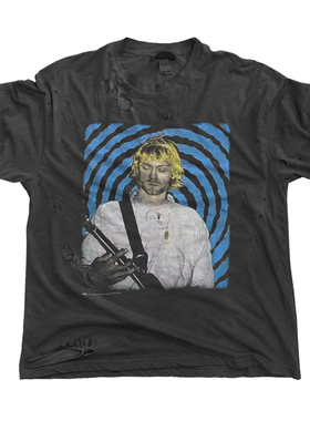 Nirvana涅槃乐队KURT COBAIN复古摇滚短袖T恤美式风黑色水洗破洞