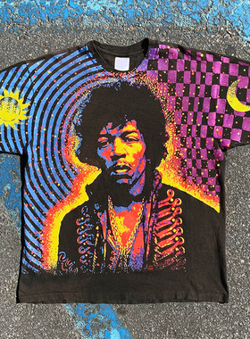 罕见 Jimi Hendrix 美国著名吉他手满印Vintage大码嘻哈短袖T恤