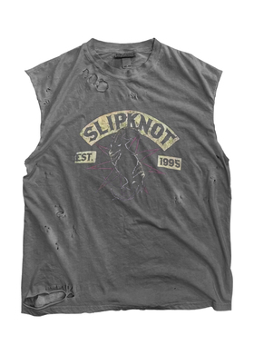 高街风复摇滚古做旧破洞做旧深灰色字母印花砍袖t恤潮流