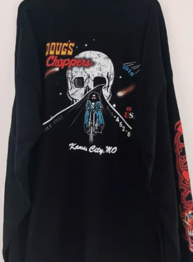 90s Motorcycle 复古大码宽松Vintage水洗重磅圆领街头风长袖T恤