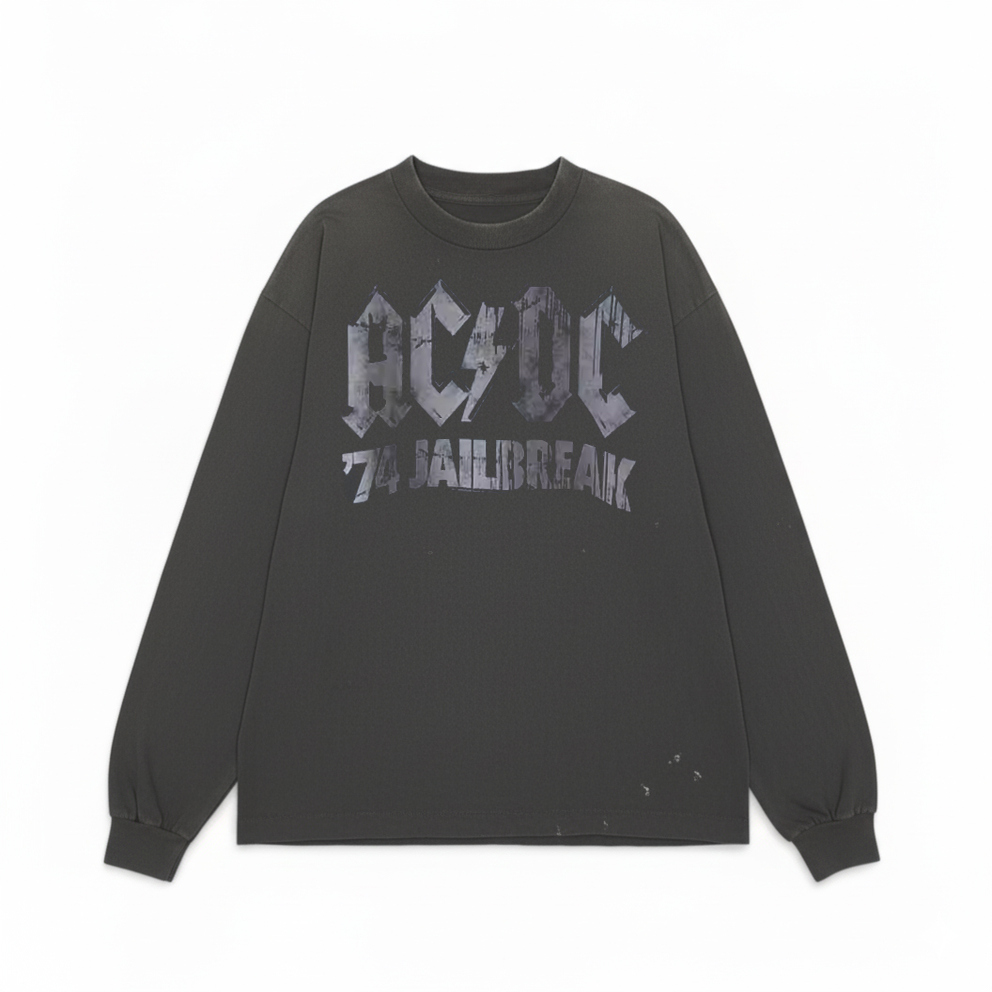 ACDC交流直流乐队重磅水洗做旧裹满阿美咔叽味无性别落肩长袖T恤