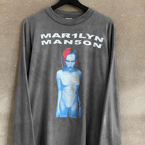 Marilyn Manson摇滚乐队！美式vintage古着感重磅水洗做旧长袖T恤