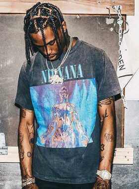 TravisScott rapper穿搭涅槃乐队水洗做旧重磅短袖T恤vintage高街
