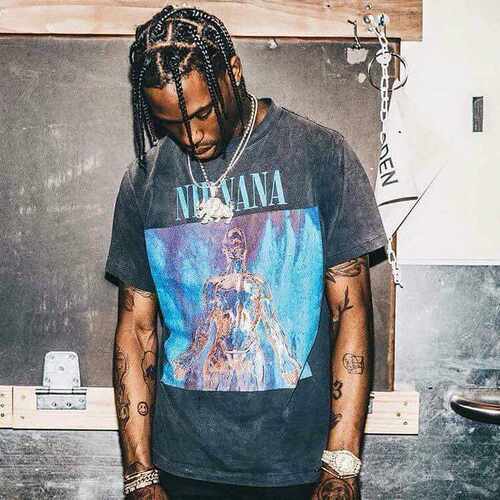 TravisScott rapper穿搭涅槃乐队水洗做旧重磅短袖T恤vintage高街