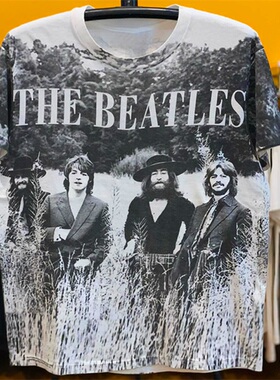 罕见！The Beatles 披头四摇滚乐队满印复古做旧大码重磅短袖T恤