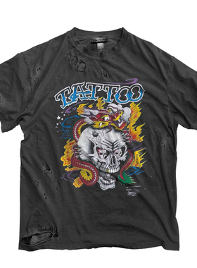 暗黑风tatto做旧破洞短袖T恤哥特风复古设计感美式圆领上衣