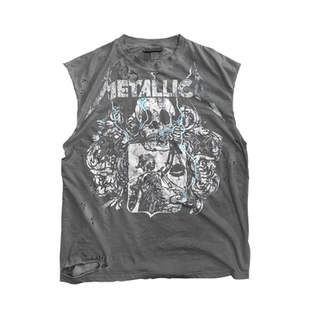 金属乐队Metallica摇滚复古街头暗黑亚文化砍袖背心水洗破洞骷髅