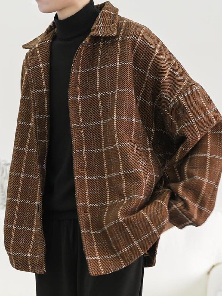 AUTUMN AND WINTER HONG KONG STYLE WOOLEN COAT MALE KOREAN VERSION OF LOOSE THICK PLAID JACKET TIDE BRAND INS RETRO HARAJUKU COAT