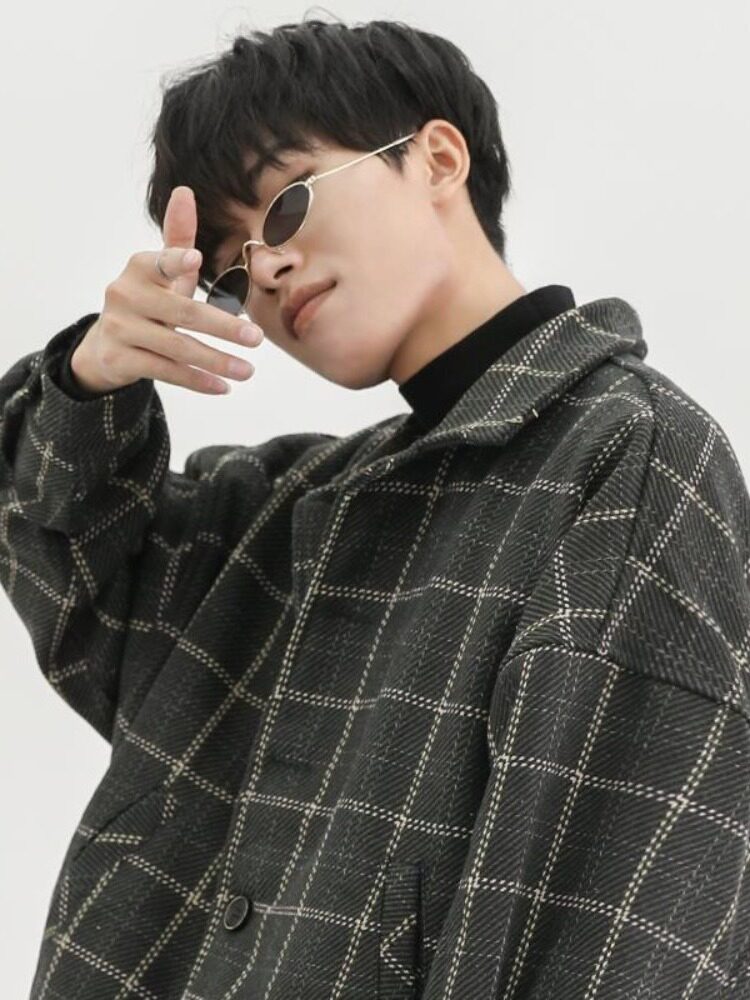 AUTUMN AND WINTER HONG KONG STYLE WOOLEN COAT MALE KOREAN VERSION OF LOOSE THICK PLAID JACKET TIDE BRAND INS RETRO HARAJUKU COAT