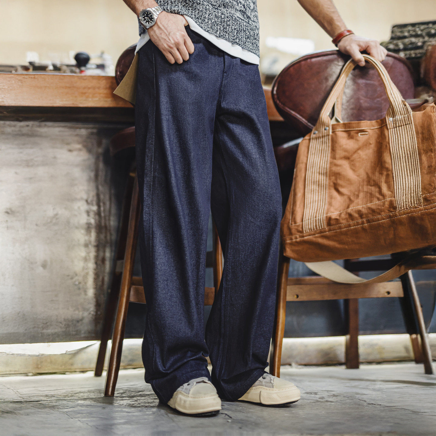 马登工装美式复古微喇阔腿直筒牛仔裤松弛垂感深蓝色赤耳原牛男秋