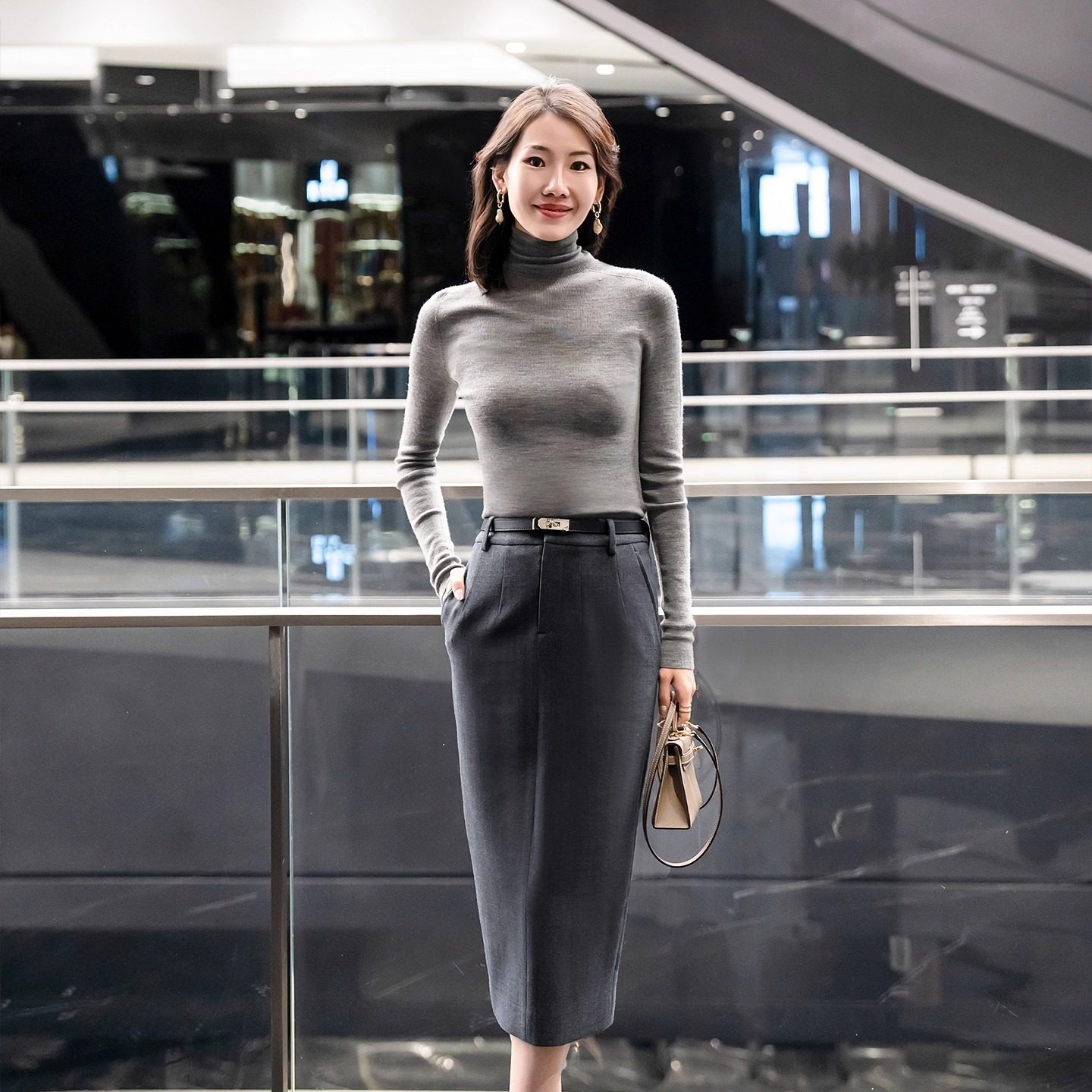 LadyJ双层弹力羊毛中长半身裙