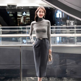 LadyJ D家同源色织双层弹力羊毛高定通勤中长半身裙 格雷半裙