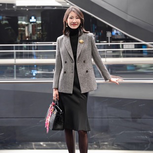 毛呢外套女 意大利鼎奢羊毛楼梯纹气质双排扣西装 LadyJ 女绅士