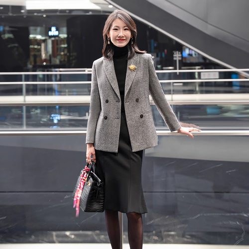LadyJ进口羊毛楼梯纹双排扣西装