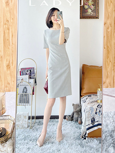 气质浅灰西装 LadyJ TH面料进口羊毛通勤五分袖 型控 连衣裙 版