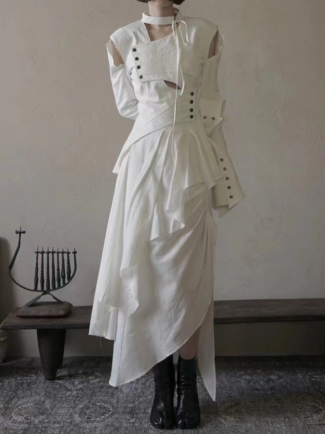 收腰长袖棉麻不规则上衣半裙