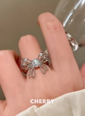 月光石蝴蝶结开口戒指女