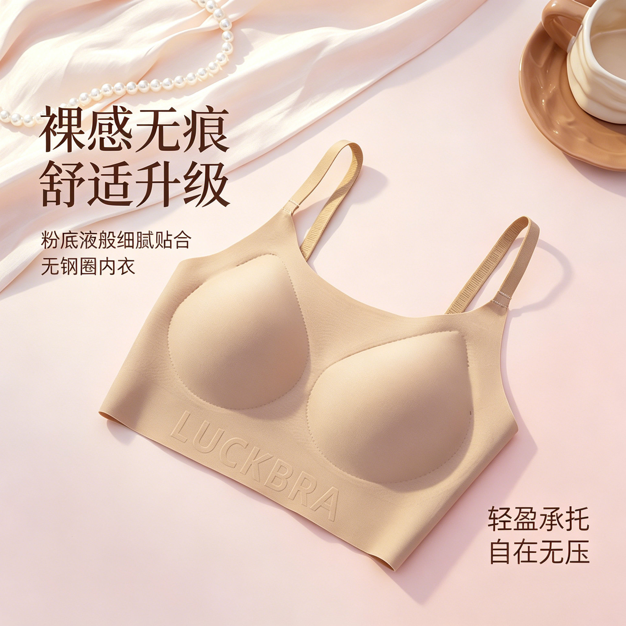 低领粉底液 无痕内衣女薄杯聚拢上托无钢圈细肩带肤色低胸文胸罩