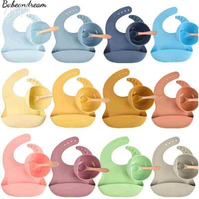 3Pcs Baby Silicone Bibs+Dinner Plate Bowl+Spoon Dishes Set S