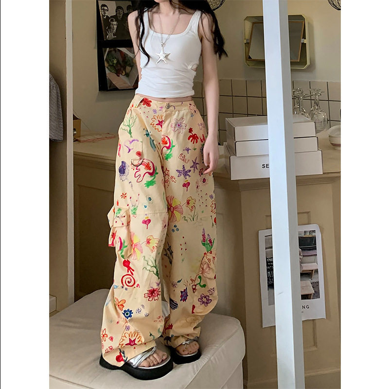 美式涂鸦花卉印花休闲工装裤夏季休闲裤