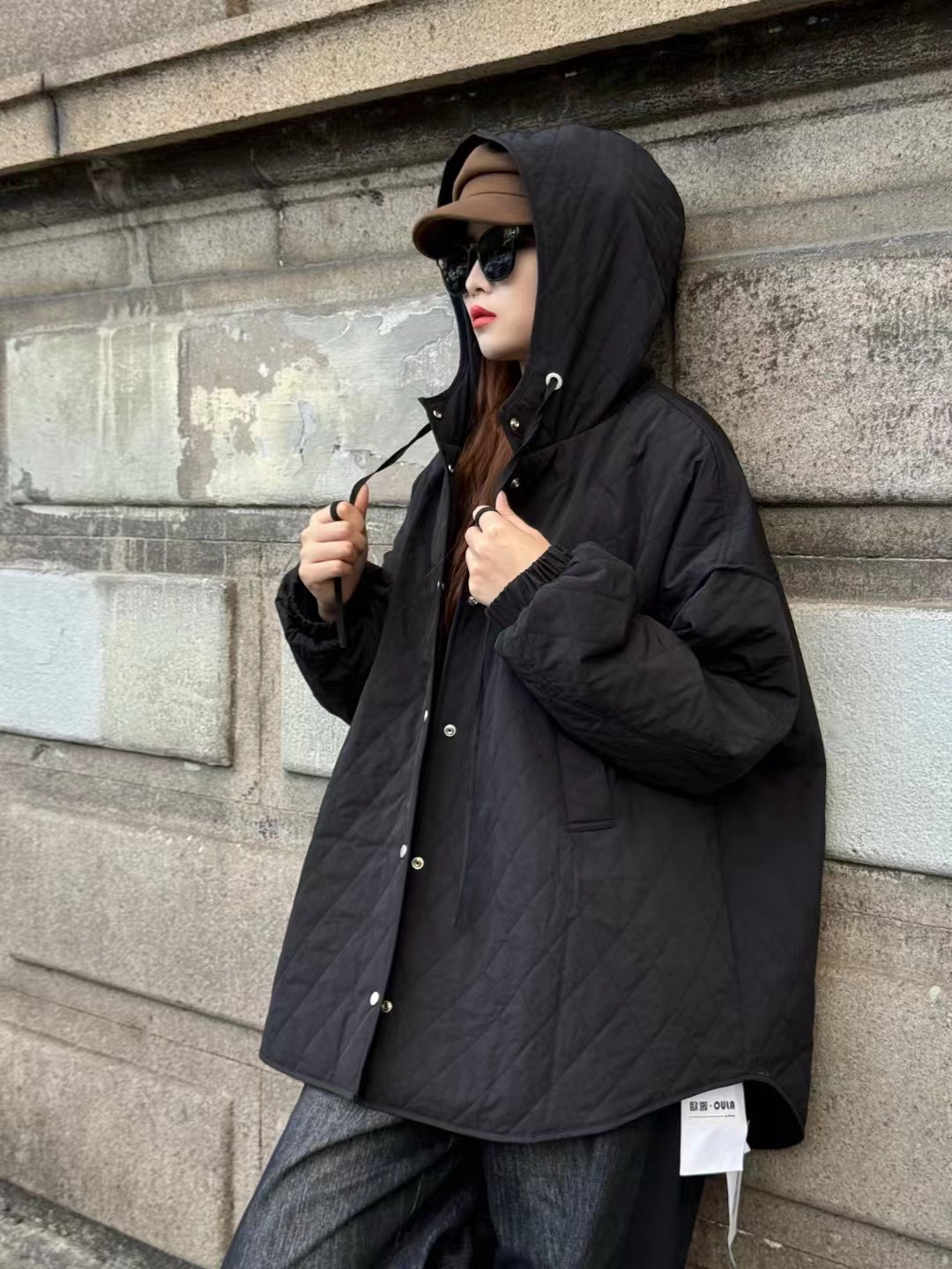 欧货秋冬2024新款连帽菱形格夹棉轻薄中长款棉服女外套宽松棉袄潮