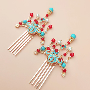 原创古风红色儿童发饰明制汉服烧蓝流苏发梳国风配饰头饰女童发钗