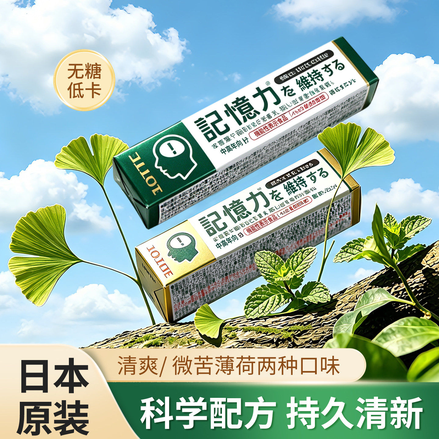 日本进口乐天记忆力口香糖泡泡糖银杏叶提取物薄荷木糖醇清新口气