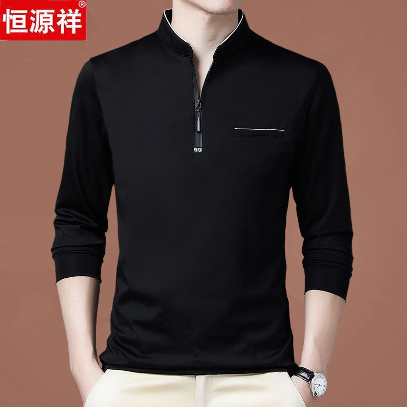 恒源祥品牌桑蚕丝长袖t恤男秋冬高端商务休闲棉加绒卫衣潮打底衫T