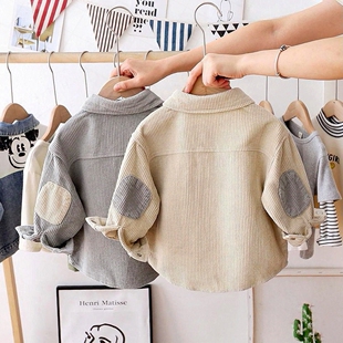 春秋款韩版弹力衬衫亲子男童长袖时尚洋气衬衫灯芯绒上衣撞色衬衫