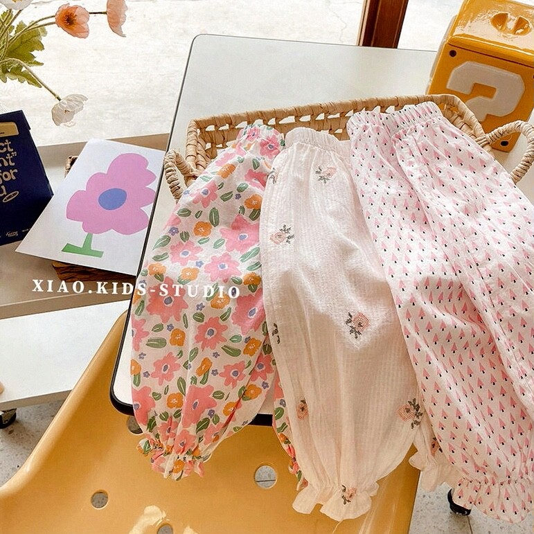 温柔粉色系~儿童防蚊纯棉灯笼裤女宝宝裤印花女童薄款夏装长裤潮