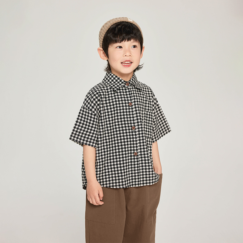 男童短袖衬衫2025夏季新款儿童韩版格子衬衣中小童薄款半袖上衣